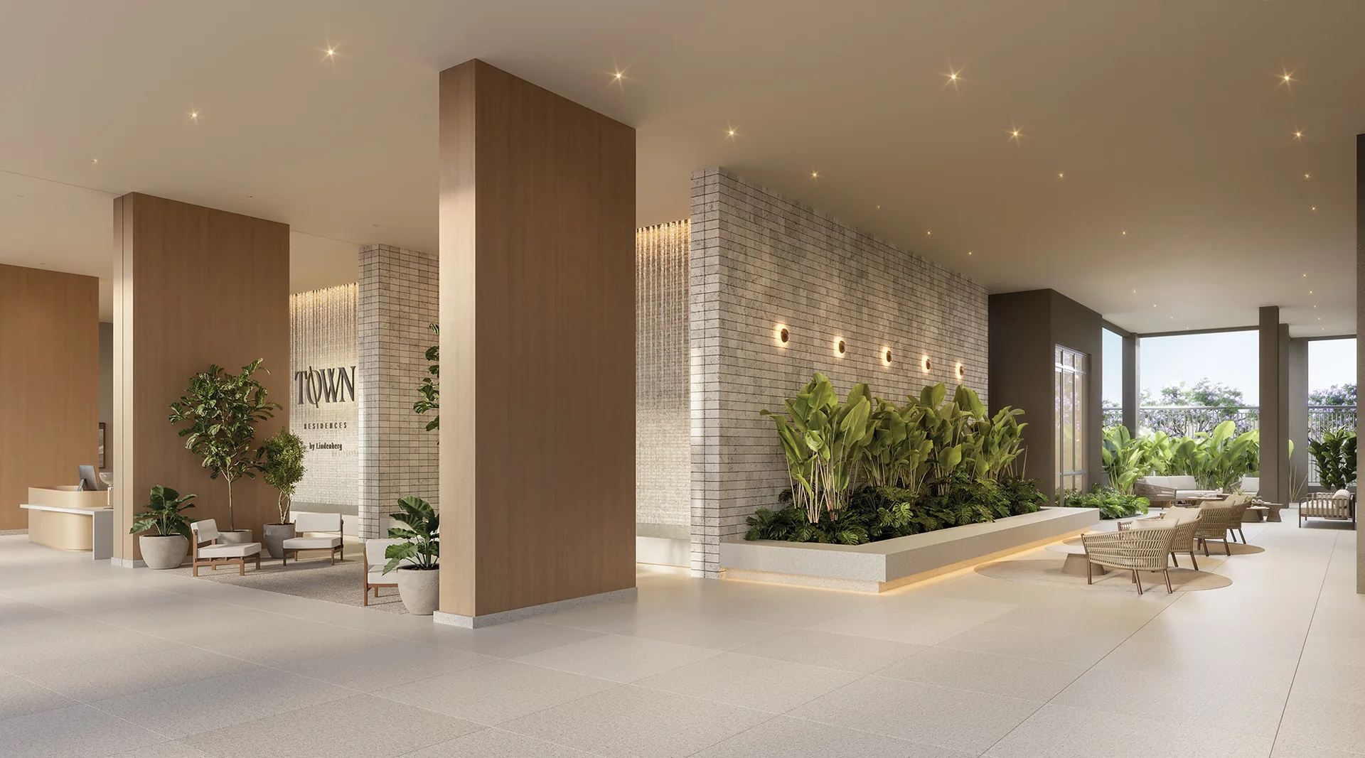 Town Residences by Lindenberg, lobby do térreo com estar e jardim interno, curadoria iApartamentos, Brooklin