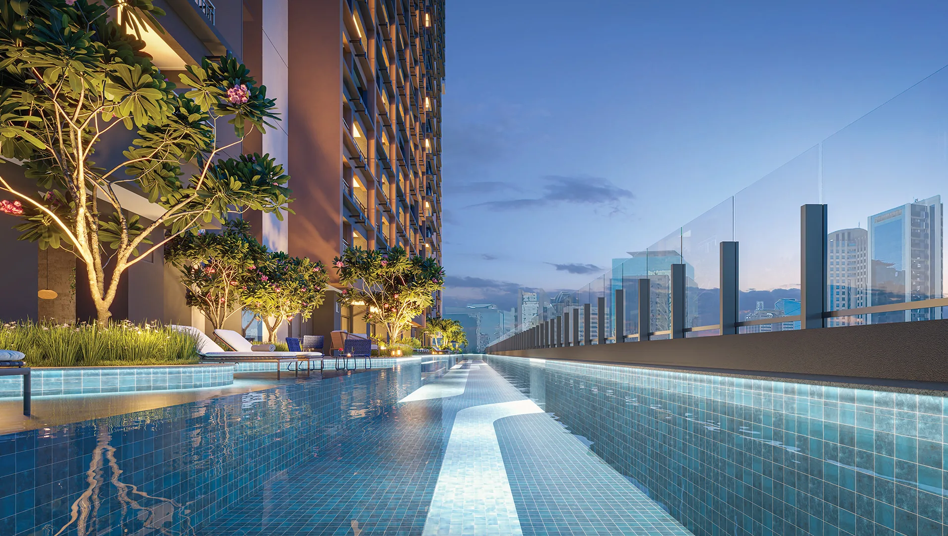 Town Residences by Lindenberg, piscina de 100 metros no 3º pavimento ao entardecer, curadoria iApartamentos, Brooklin