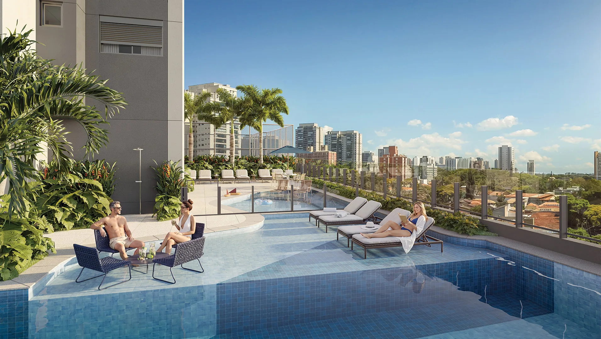 Town Residences by Lindenberg, pool deck da piscina de 100 metros com espreguiçadeiras, curadoria iApartamentos, Brooklin