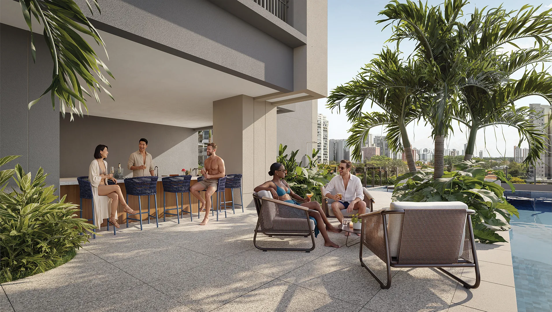 Town Residences by Lindenberg, pool bar com palmeiras junto à piscina de 100 metros, curadoria iApartamentos, Brooklin