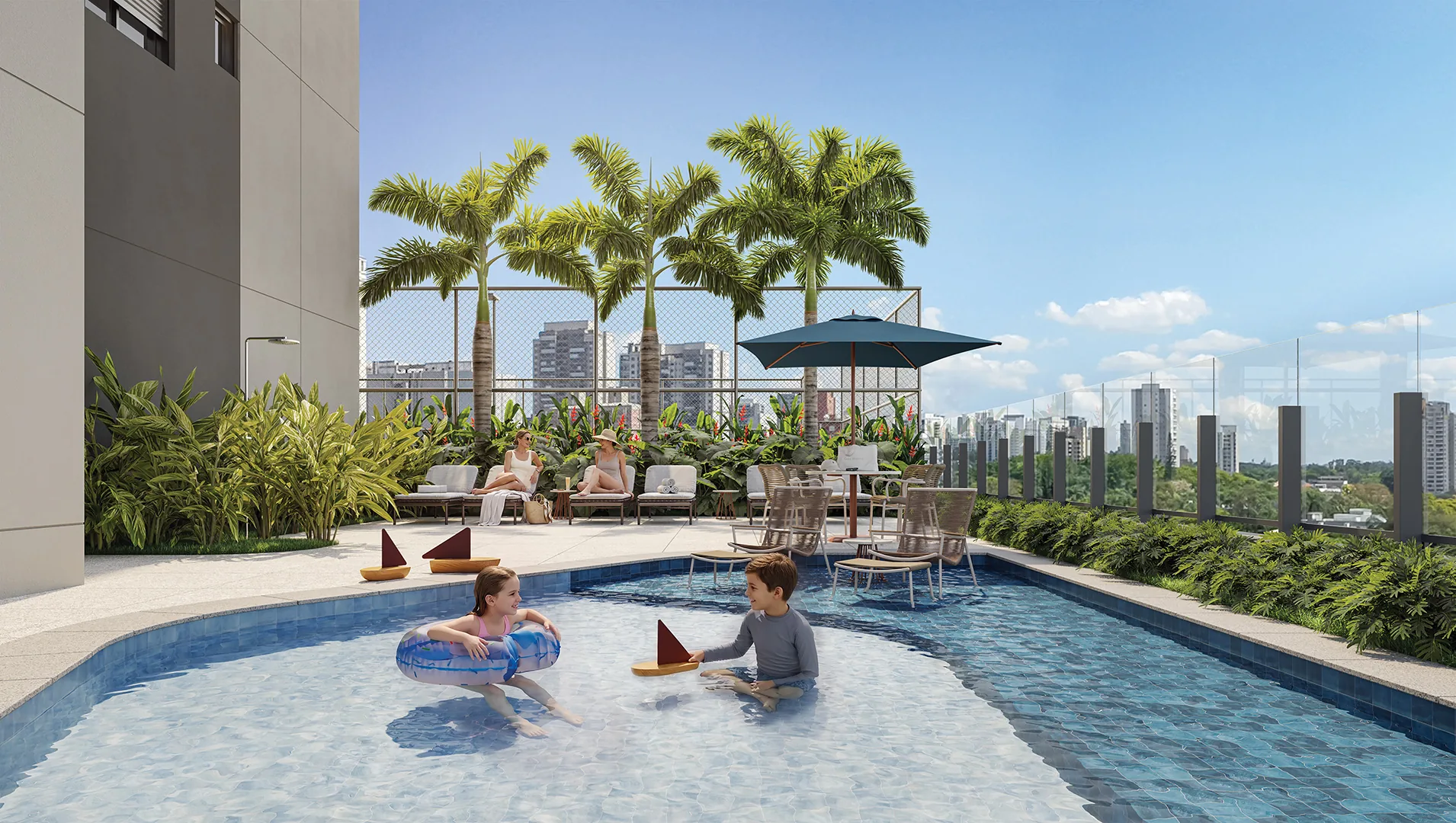 Town Residences by Lindenberg, piscina infantil com vista para o skyline da Chucri Zaidan, curadoria iApartamentos, Brooklin