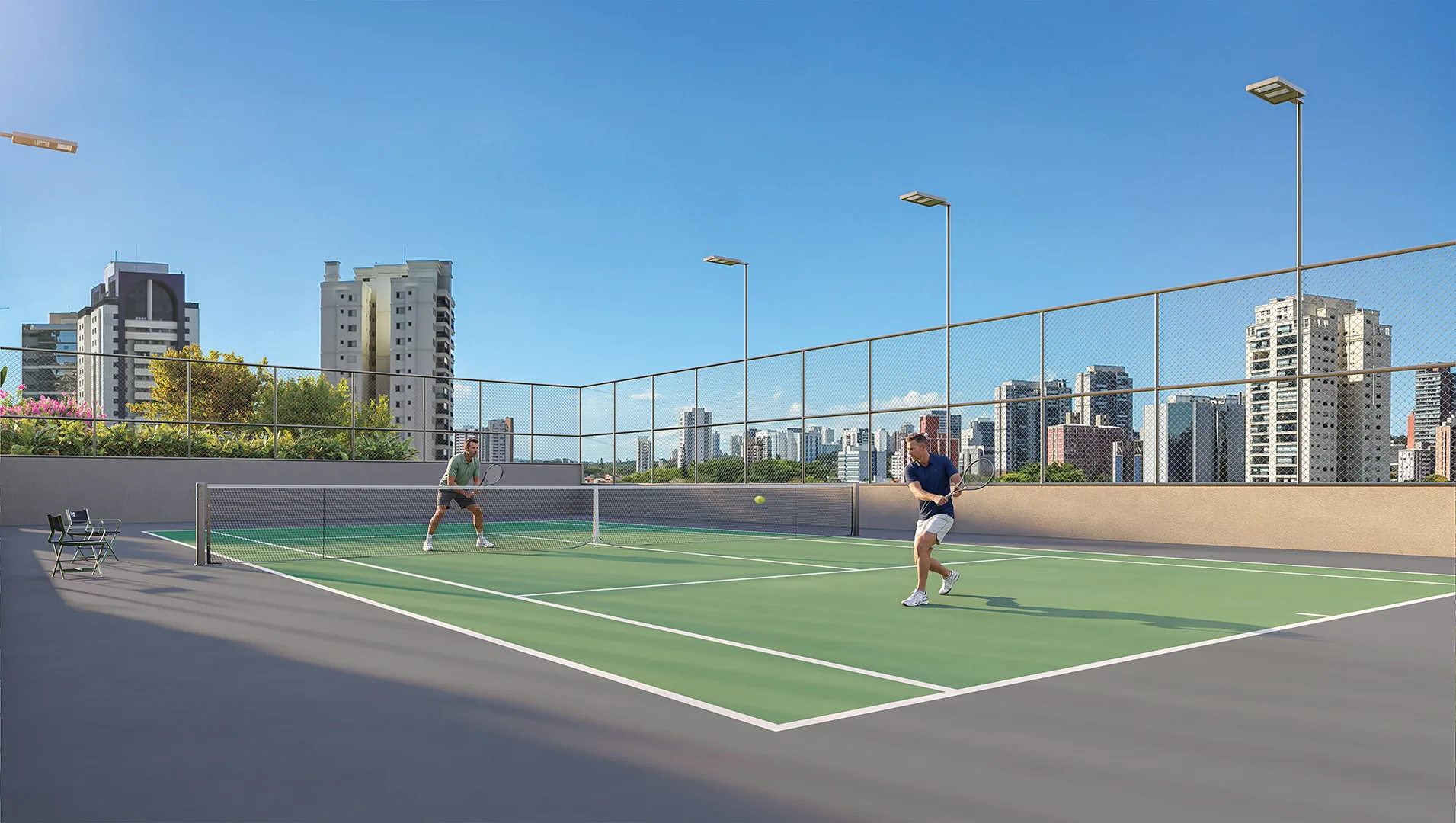 Town Residences by Lindenberg, quadra oficial de tênis no 3º pavimento, curadoria iApartamentos, Brooklin