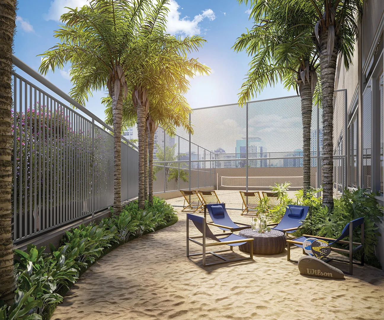 Town Residences by Lindenberg, sand lounge com palmeiras ao lado da quadra de areia, curadoria iApartamentos, Brooklin