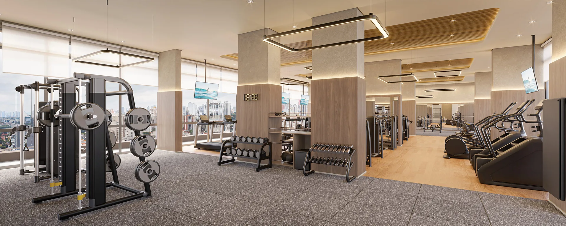 Town Residences by Lindenberg, fitness center com equipamentos Technogym no 38º pavimento, curadoria iApartamentos, Brooklin