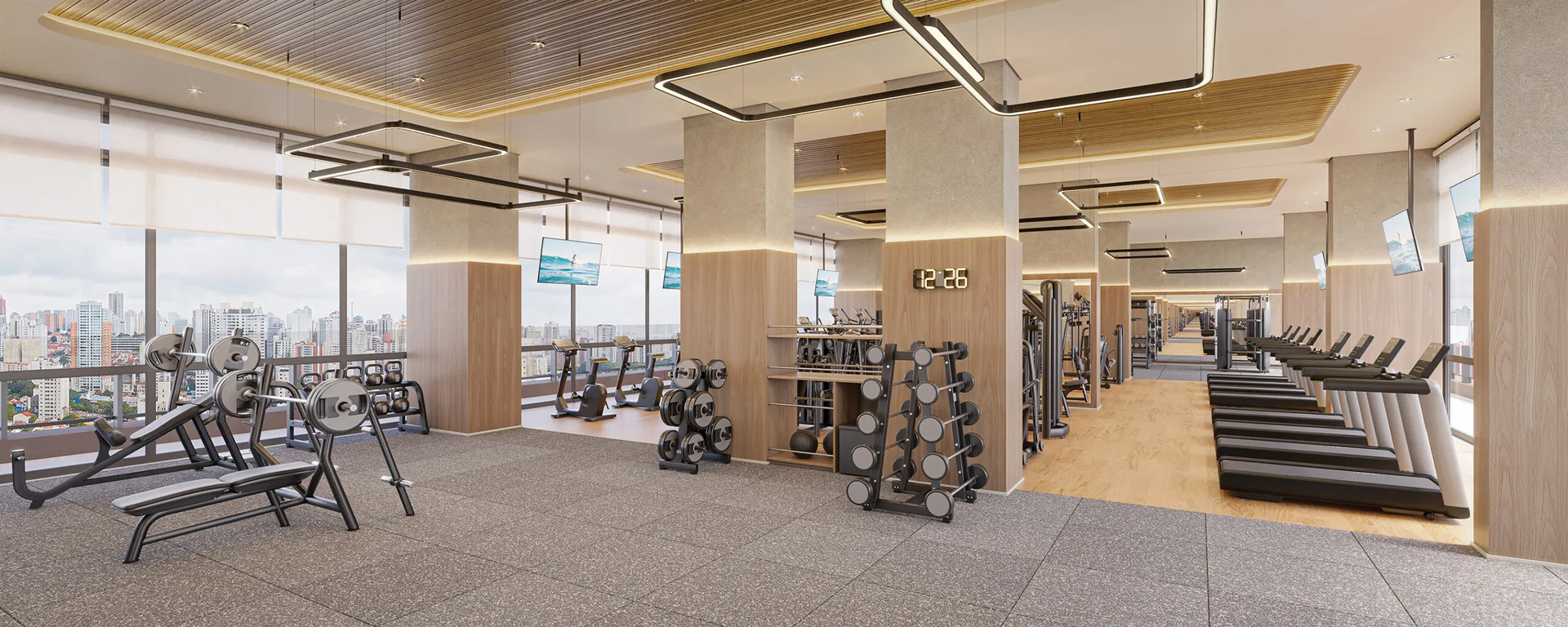 Town Residences by Lindenberg, área de musculação do fitness center com vista panorâmica, curadoria iApartamentos, Brooklin