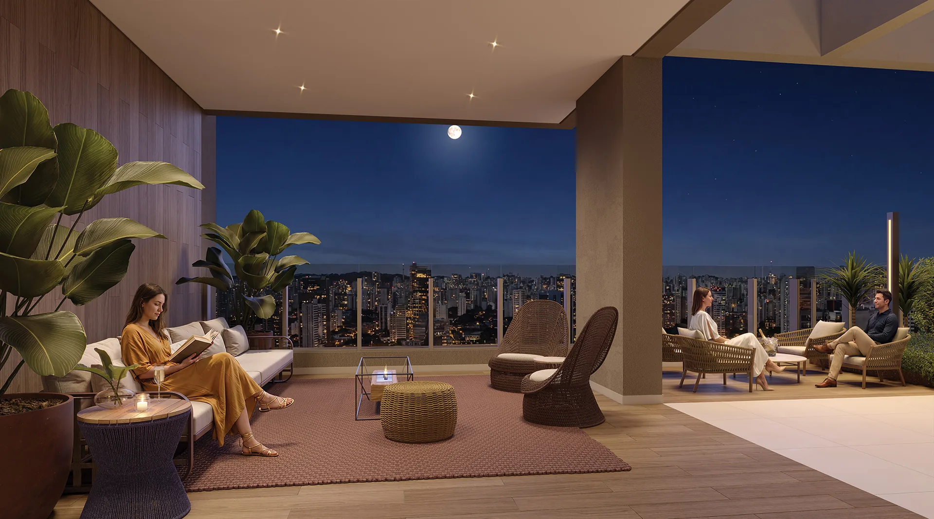 Town Residences by Lindenberg, lounge com lareira no rooftop à noite, curadoria iApartamentos, Brooklin