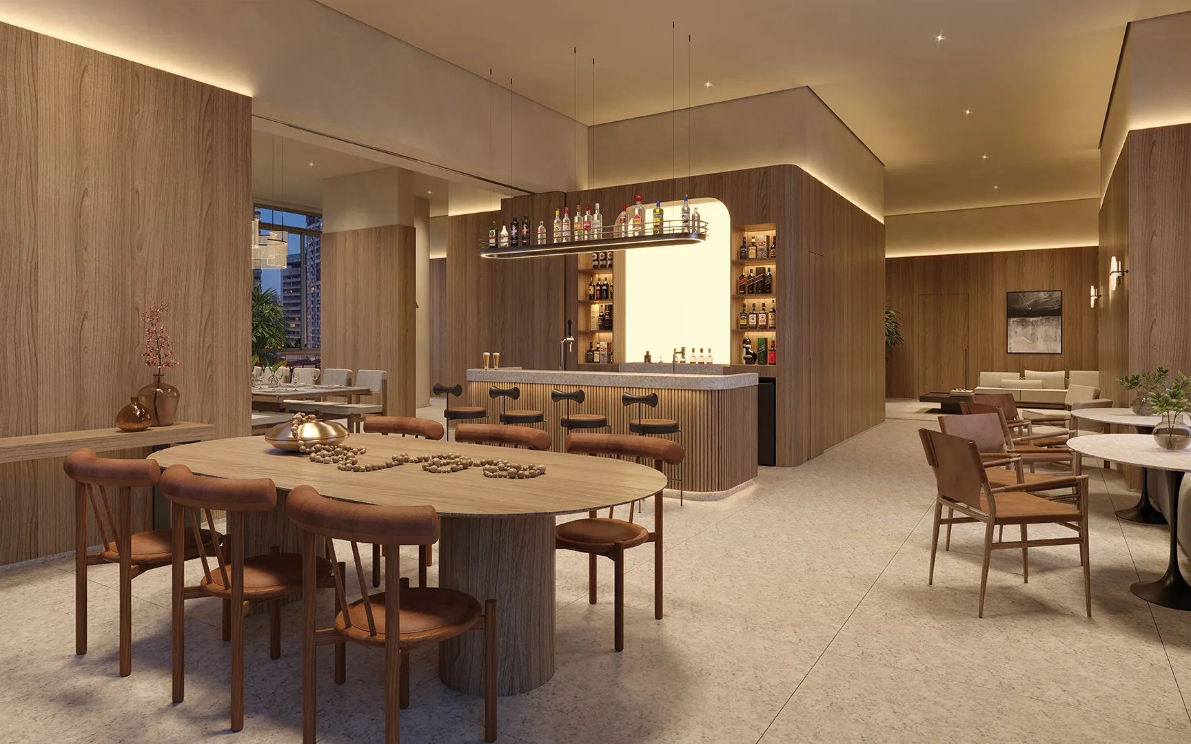 Town Residences by Lindenberg, cocktail party com bar e mobiliário Triptyque, curadoria iApartamentos, Brooklin