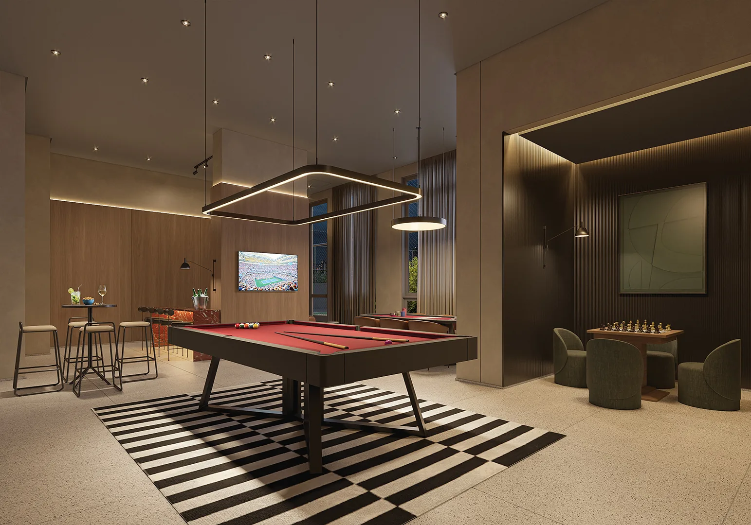 Town Residences by Lindenberg, sports bar com mesa de bilhar no 3º pavimento, curadoria iApartamentos, Brooklin