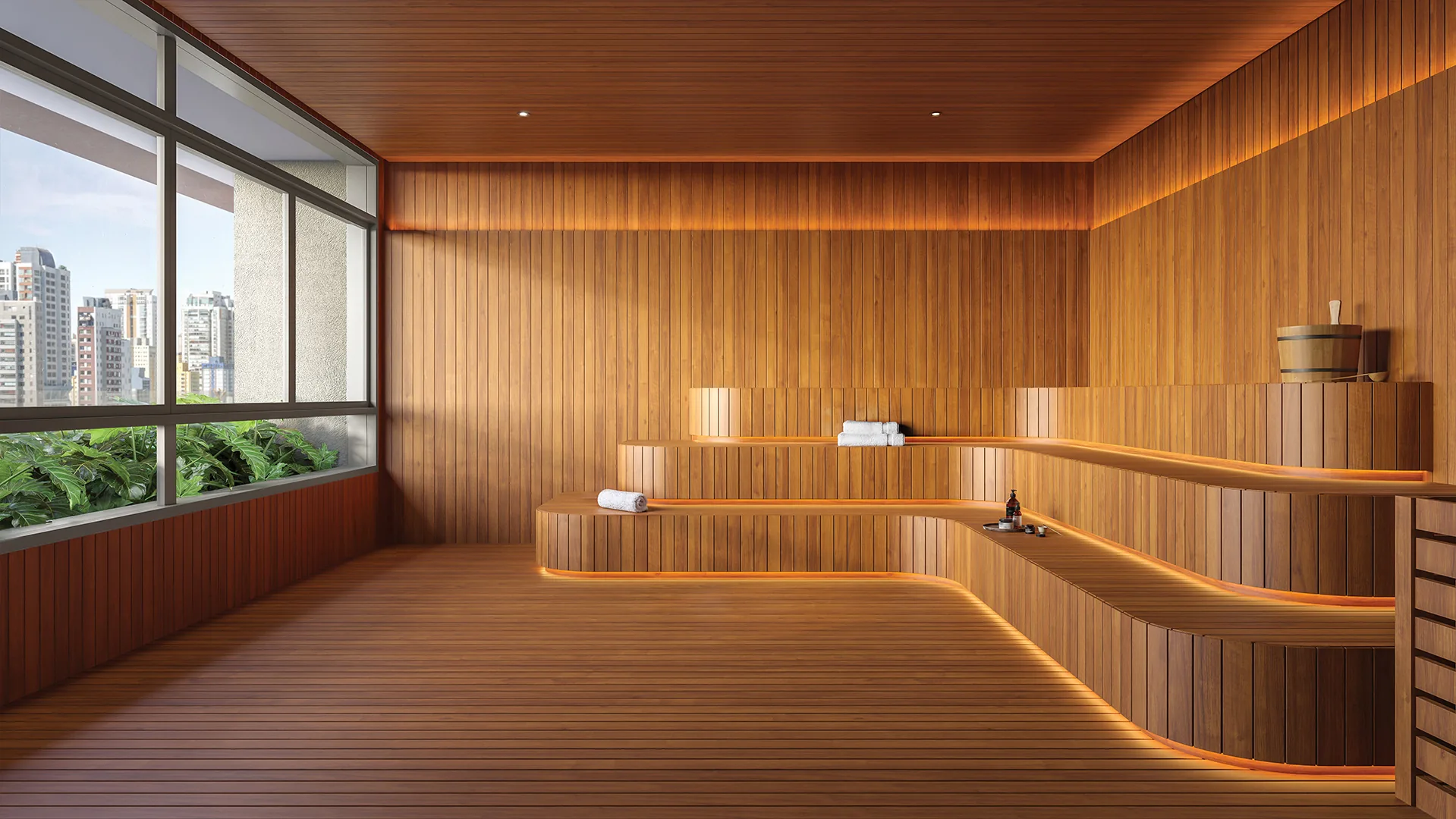 Town Residences by Lindenberg, sauna em madeira no spa do 3º pavimento, curadoria iApartamentos, Brooklin