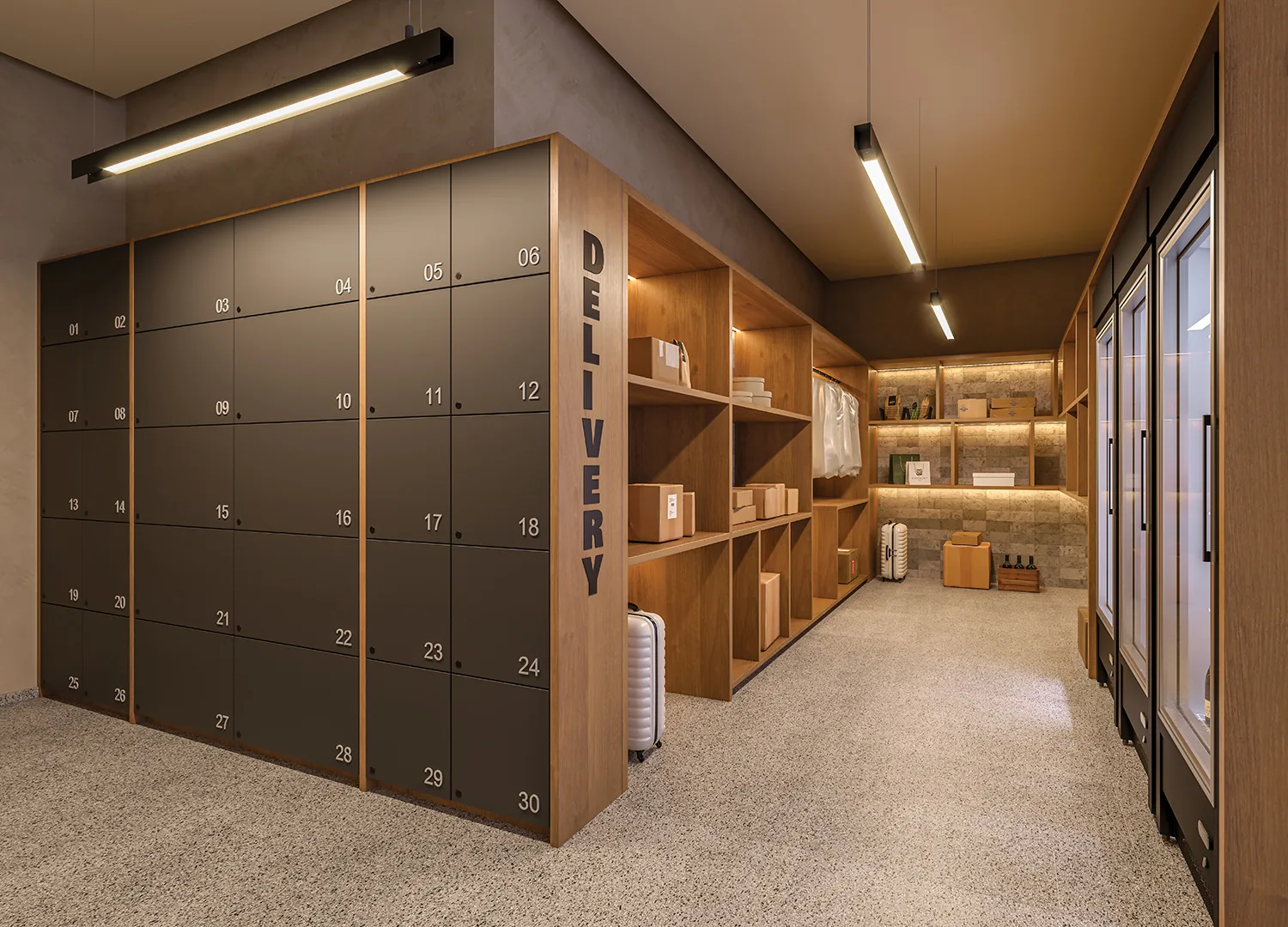 Town Residences by Lindenberg, sala de delivery com armários para encomendas, curadoria iApartamentos, Brooklin