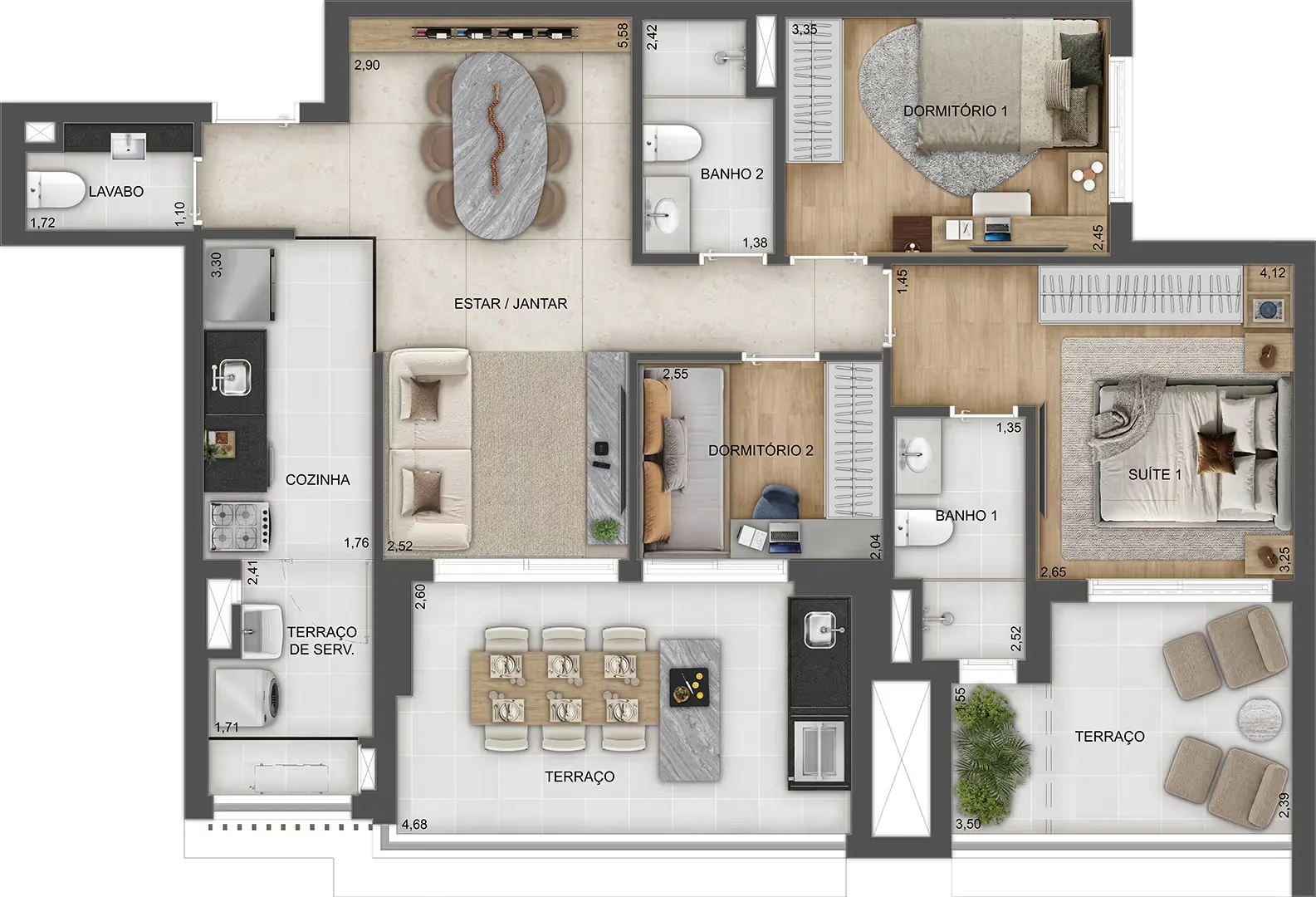 Town Residences by Lindenberg, planta tipo do apartamento de 100 m² com 3 dormitórios, curadoria iApartamentos, Brooklin