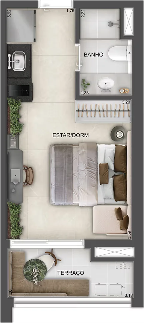 Town Residences by Lindenberg, planta do studio de 28 m², curadoria iApartamentos, Brooklin