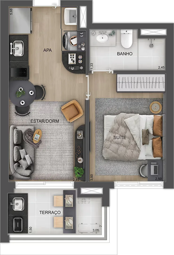 Town Residences by Lindenberg, planta do apartamento de 1 dormitório com 38 m², curadoria iApartamentos, Brooklin