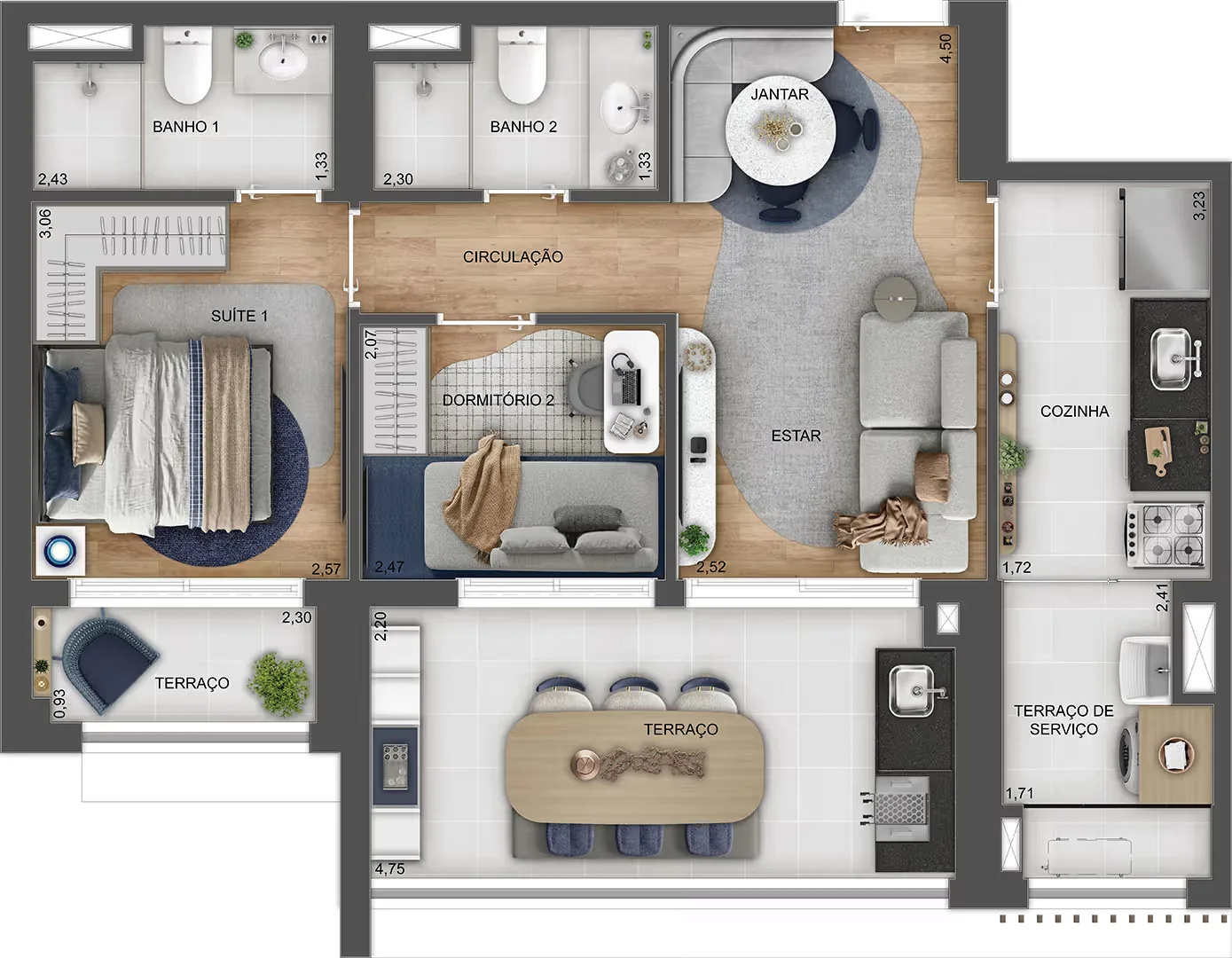 Town Residences by Lindenberg, planta do apartamento de 2 dormitórios com 69 m², curadoria iApartamentos, Brooklin