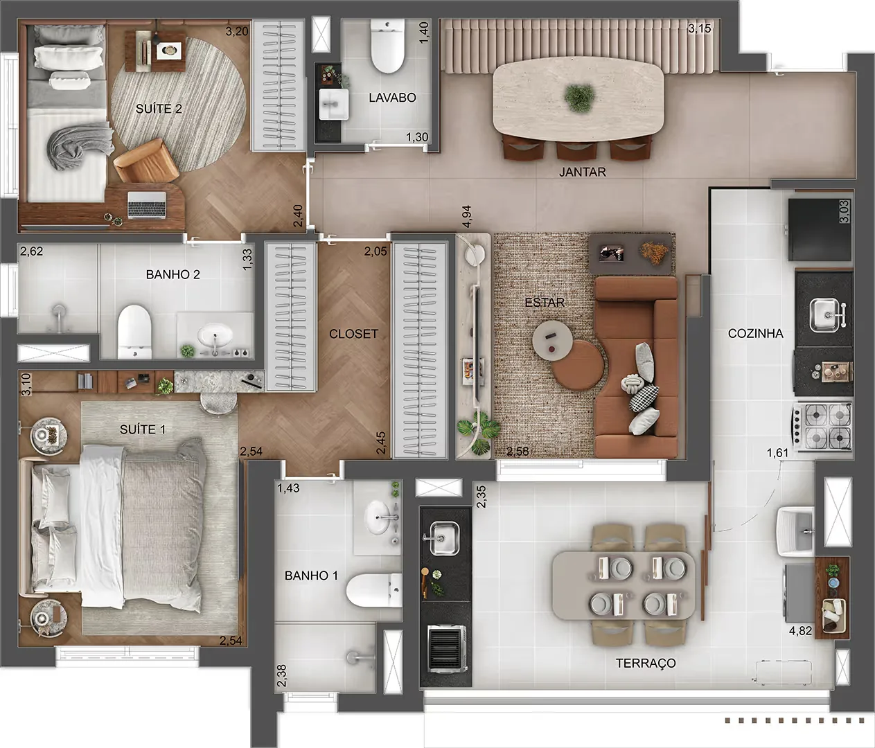 Town Residences by Lindenberg, planta do apartamento de 2 suítes com 75 m², curadoria iApartamentos, Brooklin