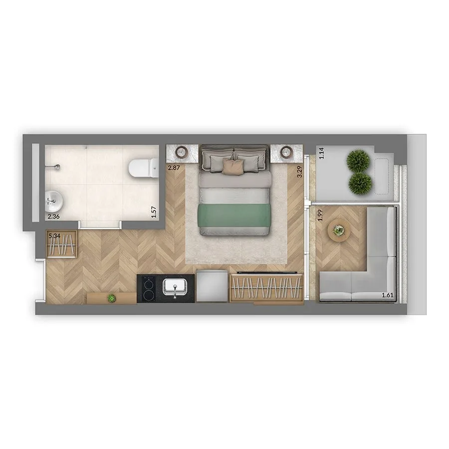 Trinity Vila Clementino Smart, planta de studio de 28 m² com terraço, curadoria iApartamentos, Vila Clementino
