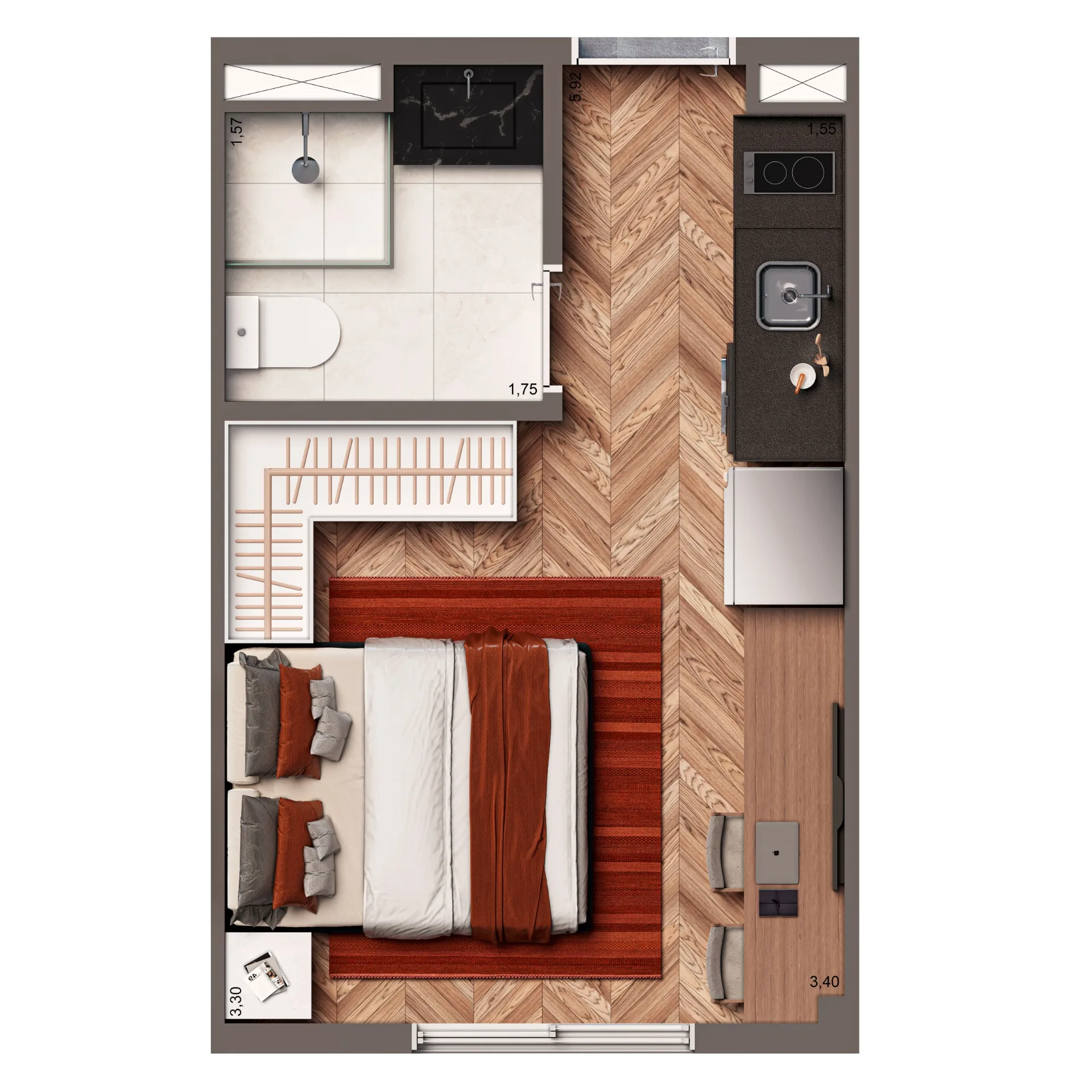 Vinte Cinco Horas By Living, planta padrão studio de 19 m², curadoria iApartamentos, Vila Clementino
