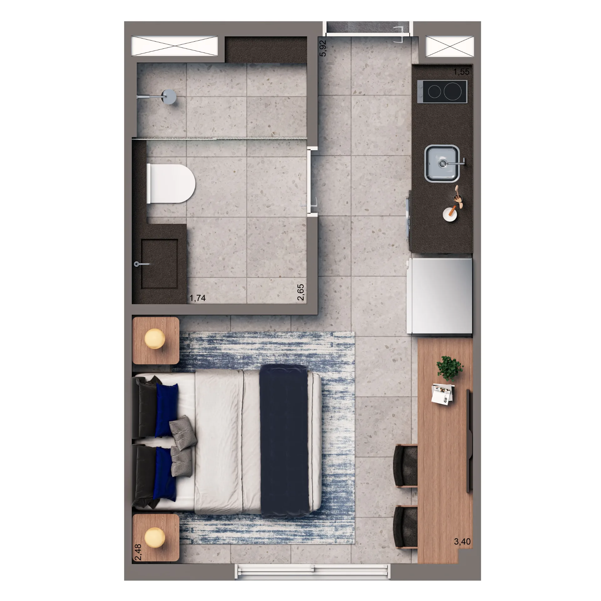 Vinte Cinco Horas By Living, planta padrão studio NR de 19 m², curadoria iApartamentos, Vila Clementino