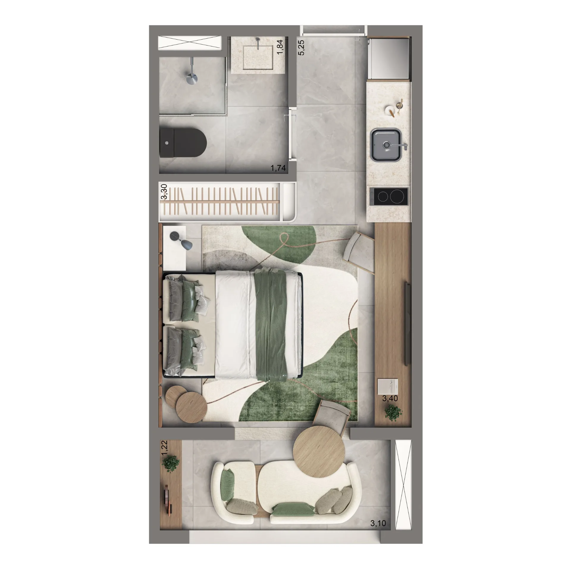 Vinte Cinco Horas By Living, planta padrão studio de 24 m², curadoria iApartamentos, Vila Clementino