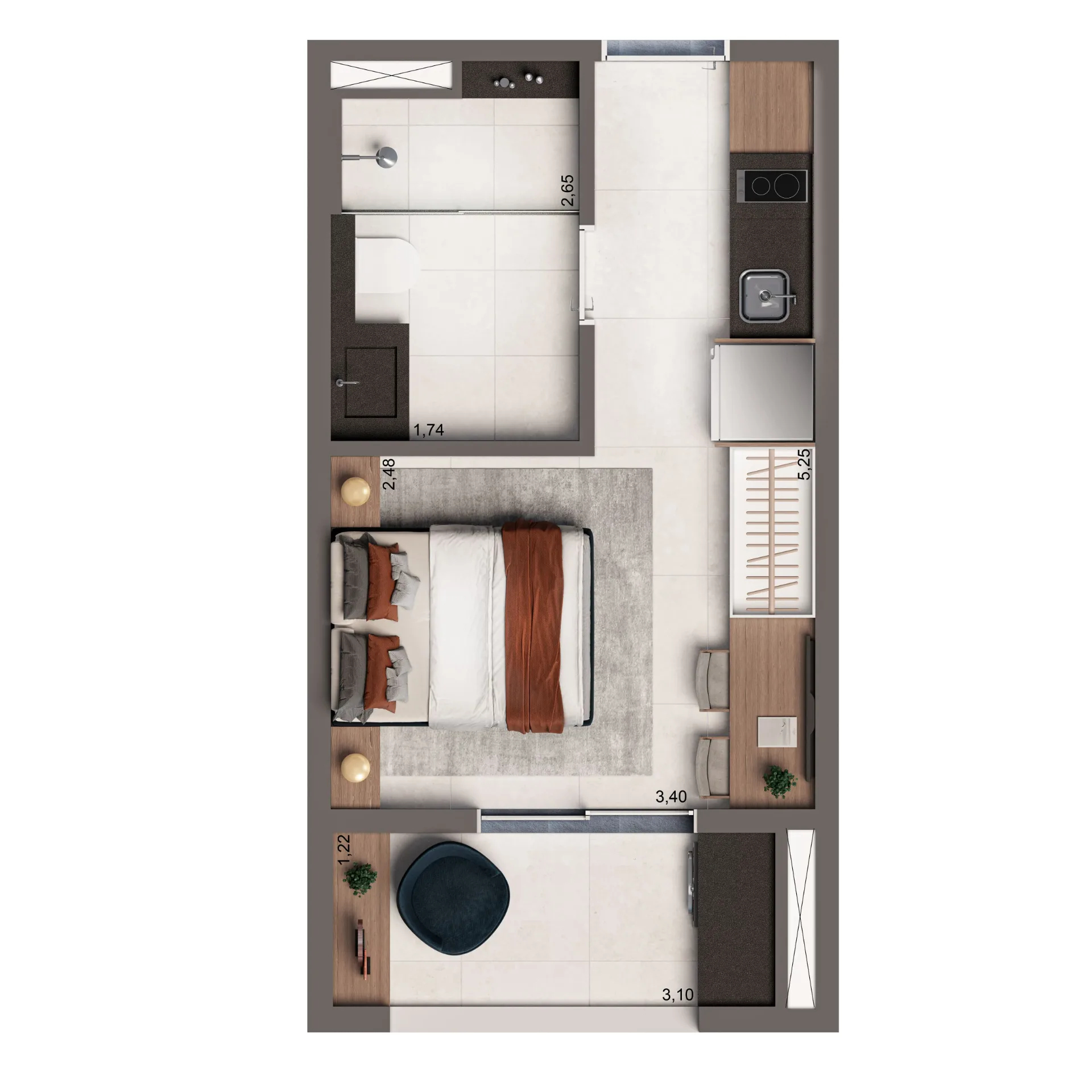 Vinte Cinco Horas By Living, planta padrão studio NR de 24 m², curadoria iApartamentos, Vila Clementino