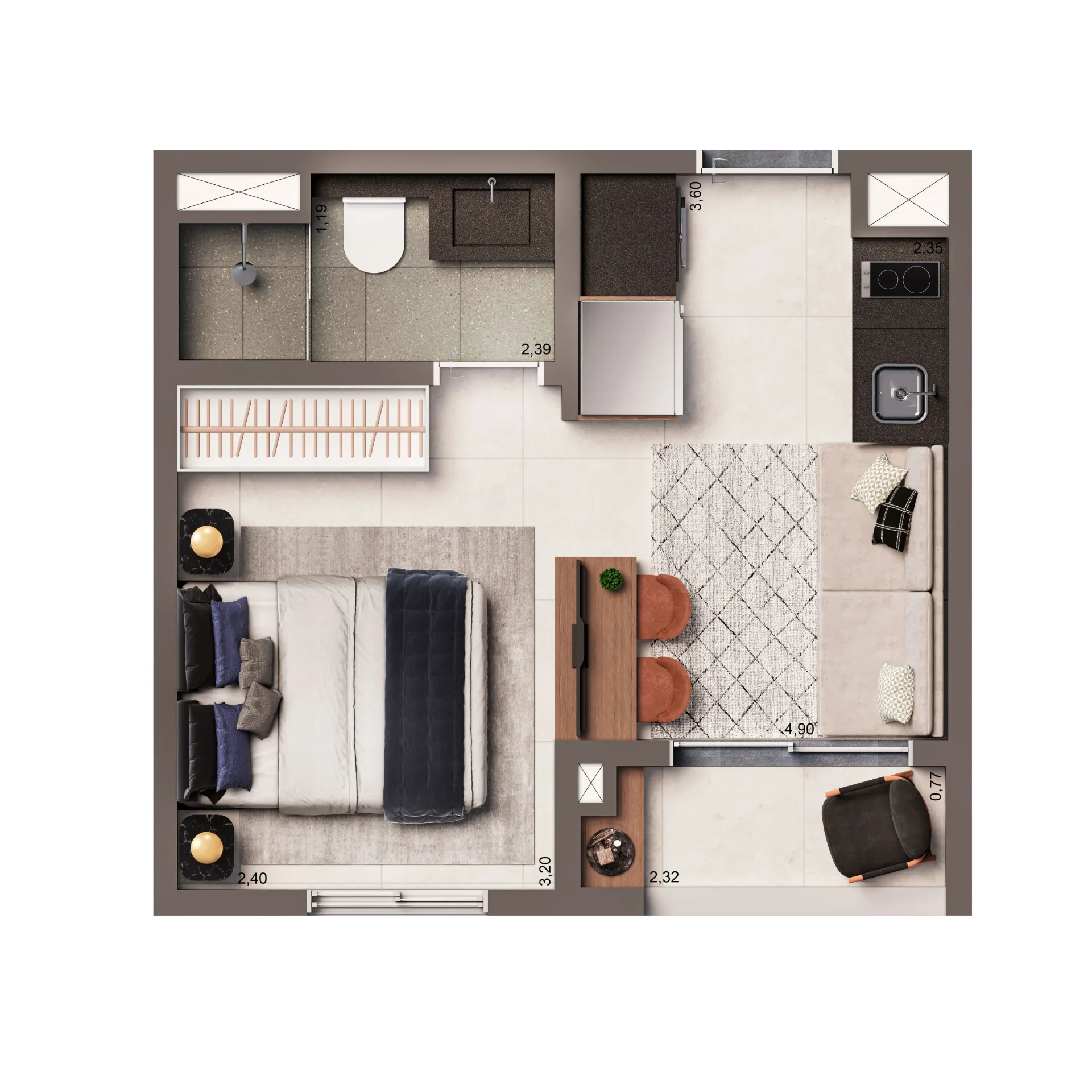 Vinte Cinco Horas By Living, planta opção studio de 24 m², curadoria iApartamentos, Vila Clementino
