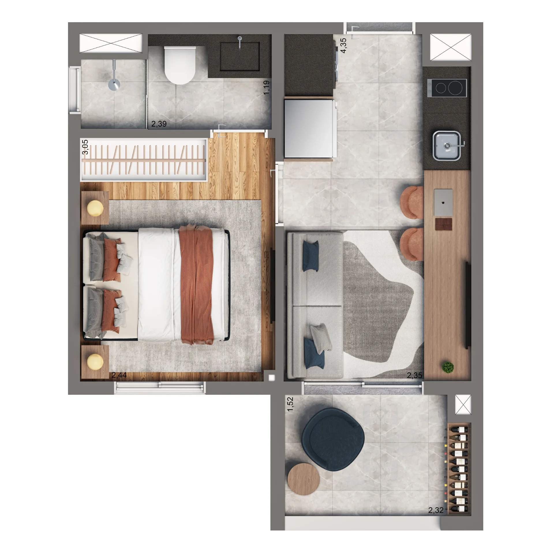 Vinte Cinco Horas By Living, planta opção de 28 m² com 1 dormitório, curadoria iApartamentos, Vila Clementino