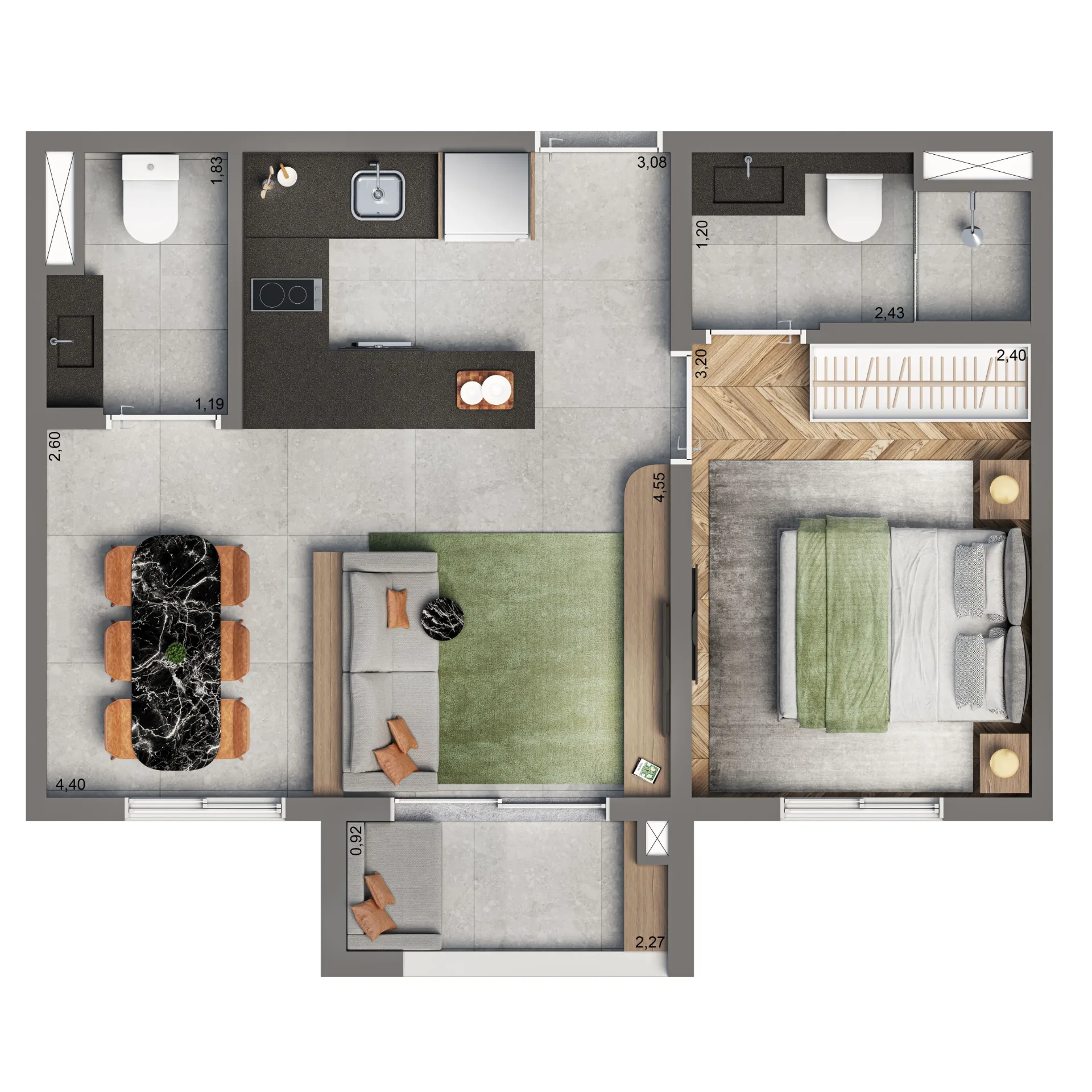 Vinte Cinco Horas By Living, planta opção de 37 m² com 1 suíte e lavabo, curadoria iApartamentos, Vila Clementino