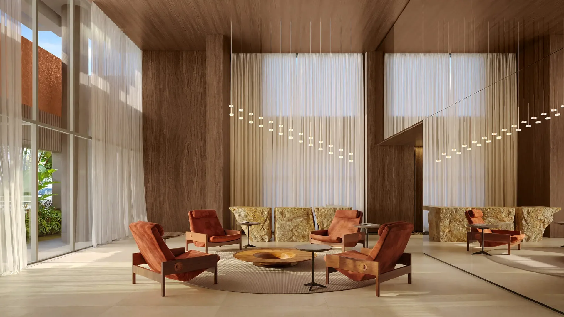 Virtuo Itaim, lobby residencial com interiores de Carlos Rossi, curadoria iApartamentos, Itaim Bibi