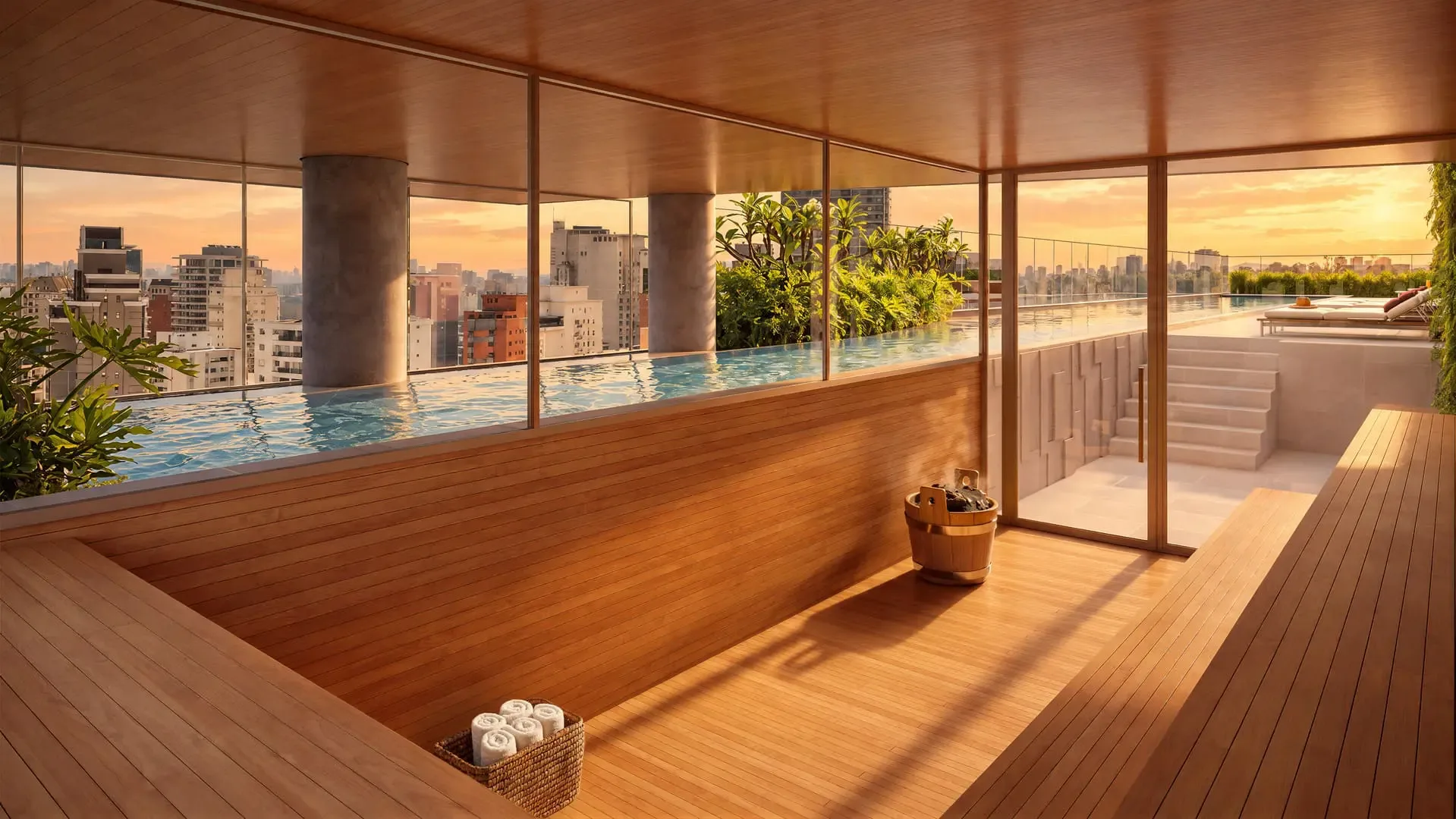 Virtuo Itaim, sauna seca, vista interna, curadoria iApartamentos, Itaim Bibi