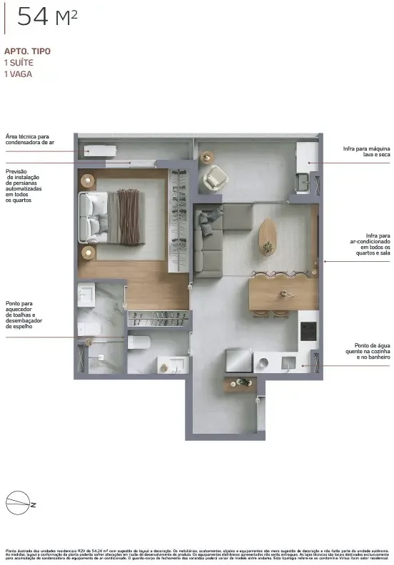 Virtuo Itaim, planta do apartamento de 54 m² com 1 suíte e 1 vaga, curadoria iApartamentos, Itaim Bibi