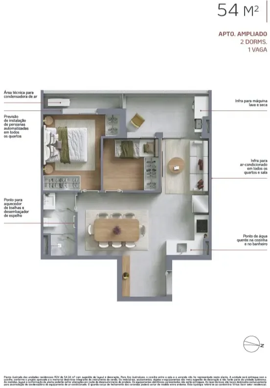 Virtuo Itaim, planta do apartamento de 54 m² ampliado com 2 dormitórios e 1 vaga, curadoria iApartamentos, Itaim Bibi