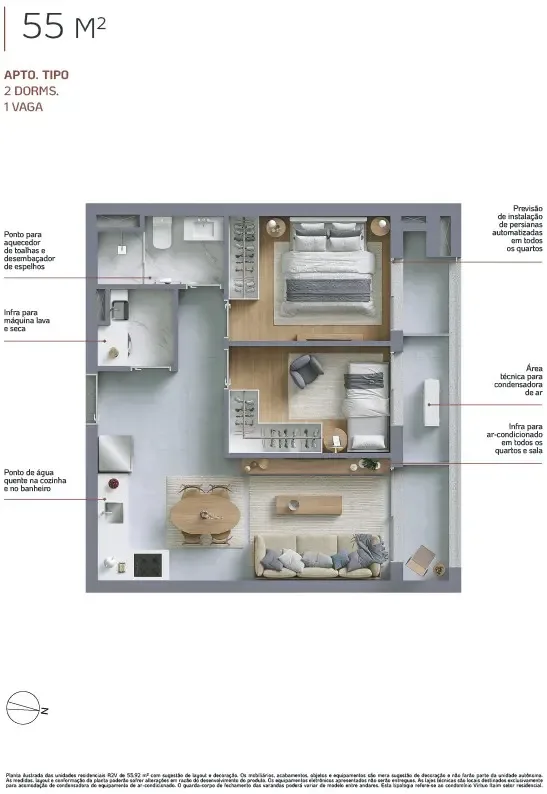 Virtuo Itaim, planta do apartamento de 55 m² com 2 dormitórios e 1 vaga, curadoria iApartamentos, Itaim Bibi