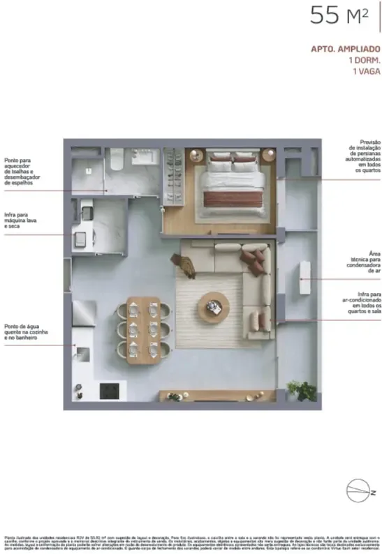 Virtuo Itaim, planta do apartamento de 55 m² ampliado com 1 dormitório e 1 vaga, curadoria iApartamentos, Itaim Bibi