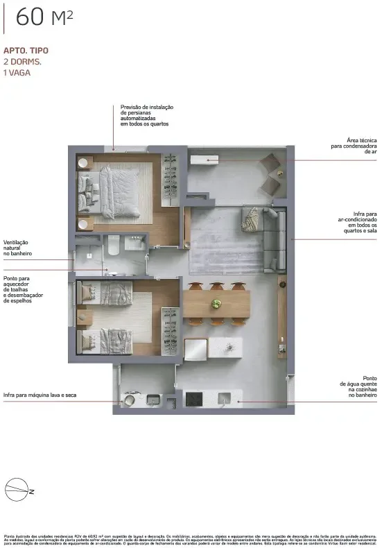 Virtuo Itaim, planta do apartamento de 60 m² com 2 dormitórios e 1 vaga, curadoria iApartamentos, Itaim Bibi