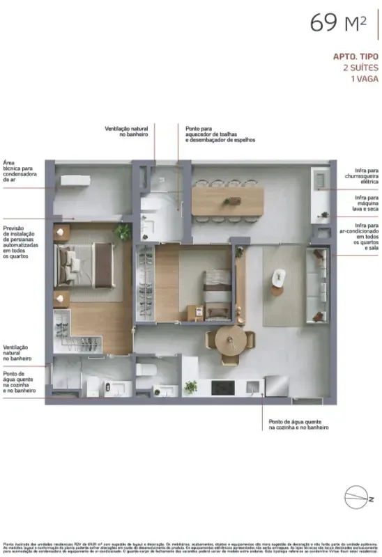 Virtuo Itaim, planta do apartamento de 69 m² com 2 suítes e 1 vaga, curadoria iApartamentos, Itaim Bibi