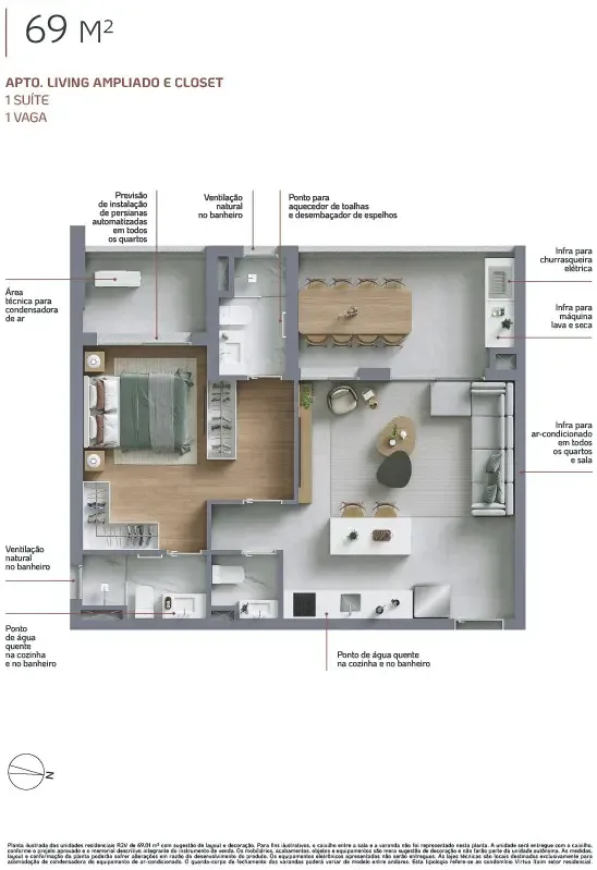 Virtuo Itaim, planta do apartamento de 69 m² com living ampliado, closet e 1 vaga, curadoria iApartamentos, Itaim Bibi