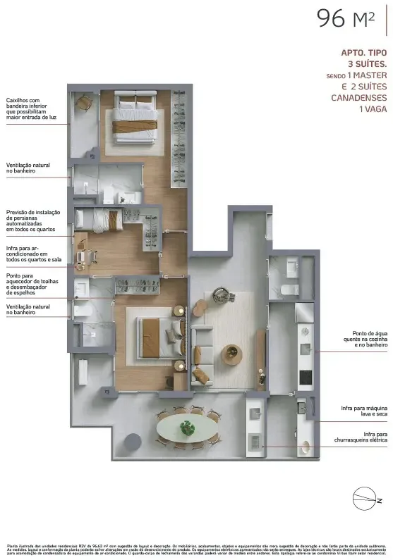Virtuo Itaim, planta do apartamento de 96 m² com 3 suítes e 1 vaga, curadoria iApartamentos, Itaim Bibi