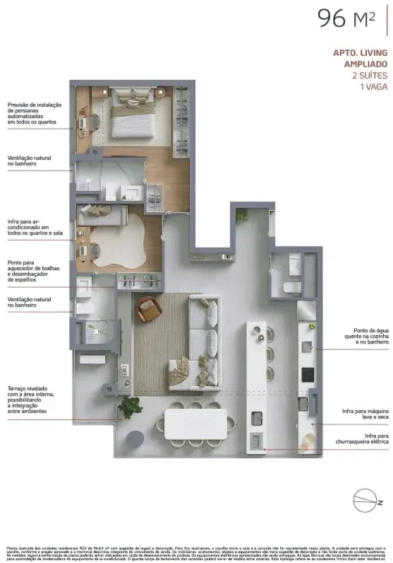 Virtuo Itaim, planta do apartamento de 96 m² com living ampliado, 2 suítes e 1 vaga, curadoria iApartamentos, Itaim Bibi