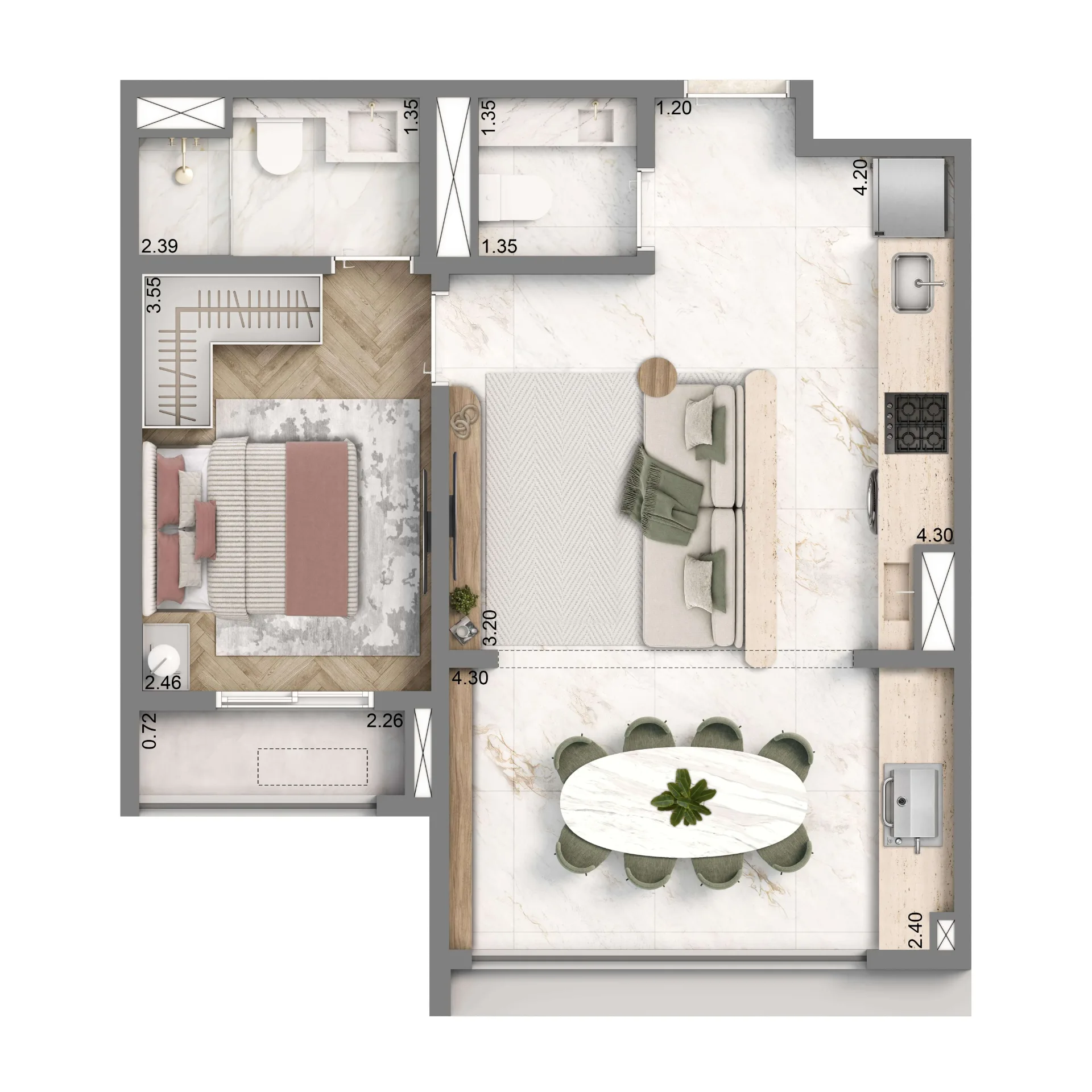 Well Home, planta padrão de 48 m² com 1 suíte, curadoria iApartamentos, Chácara Santo Antônio
