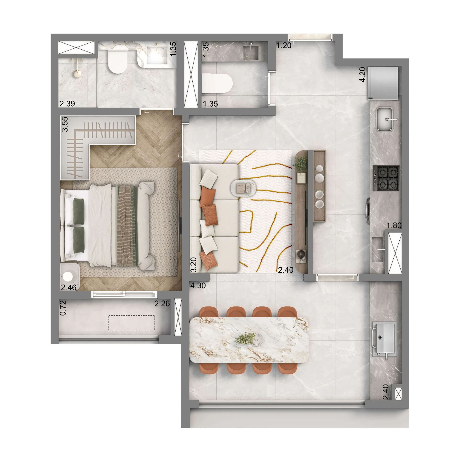 Well Home, planta opção de 48 m² com 1 suíte, curadoria iApartamentos, Chácara Santo Antônio