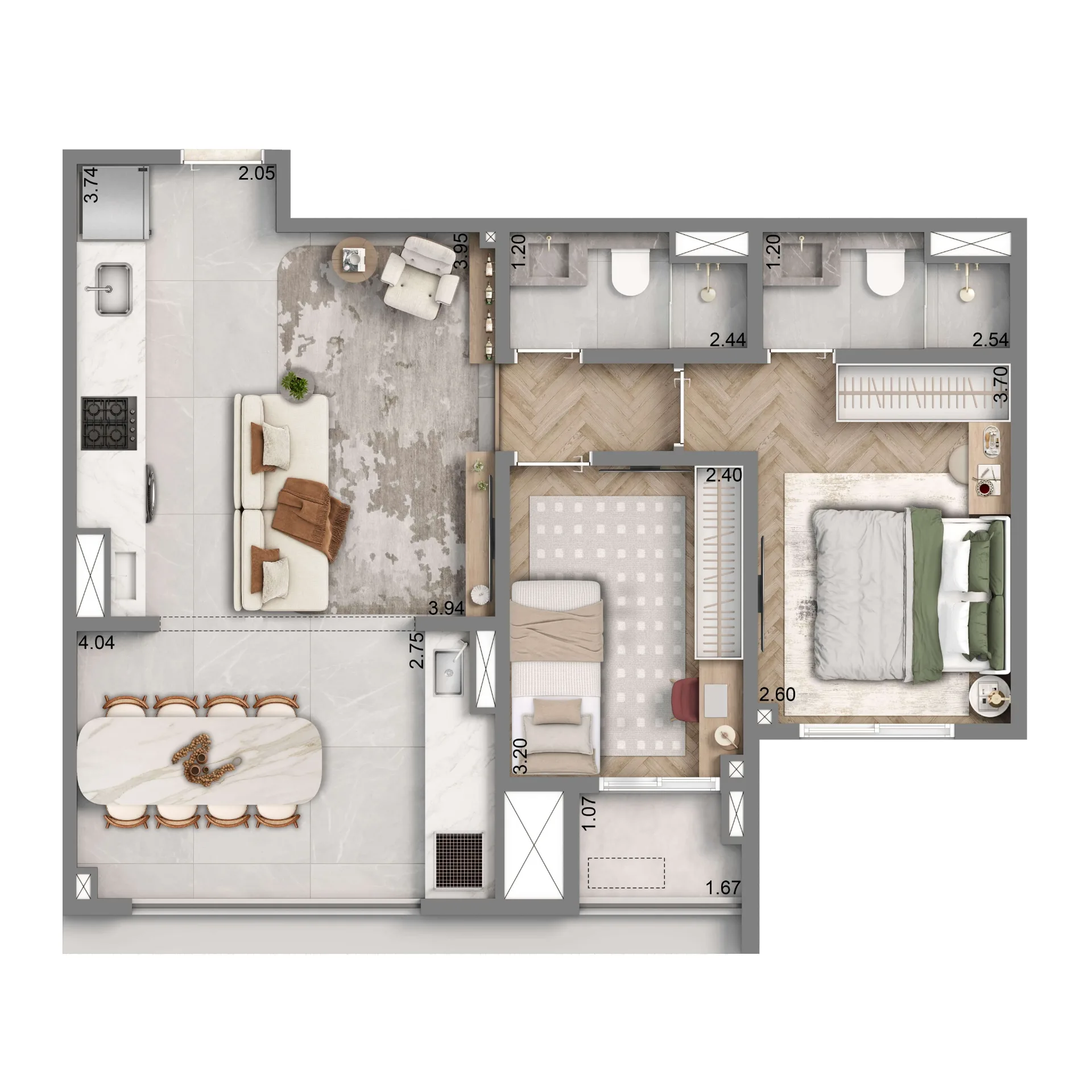 Well Home, planta padrão de 65 m² com 2 dormitórios, curadoria iApartamentos, Chácara Santo Antônio