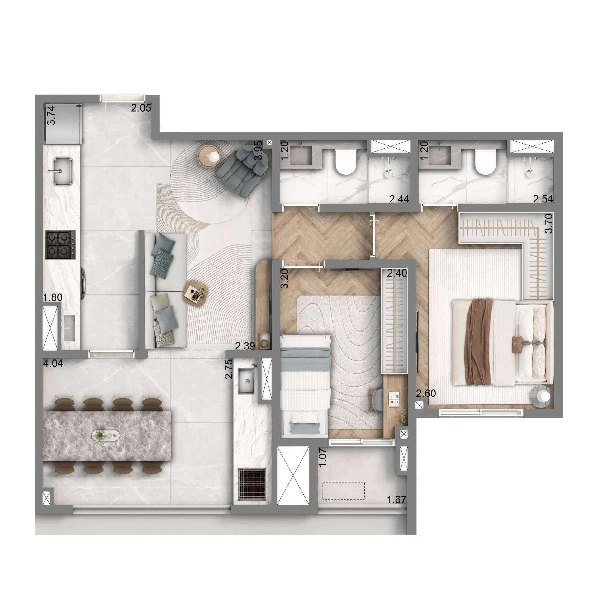 Well Home, planta opção de 65 m² com 2 dormitórios, curadoria iApartamentos, Chácara Santo Antônio