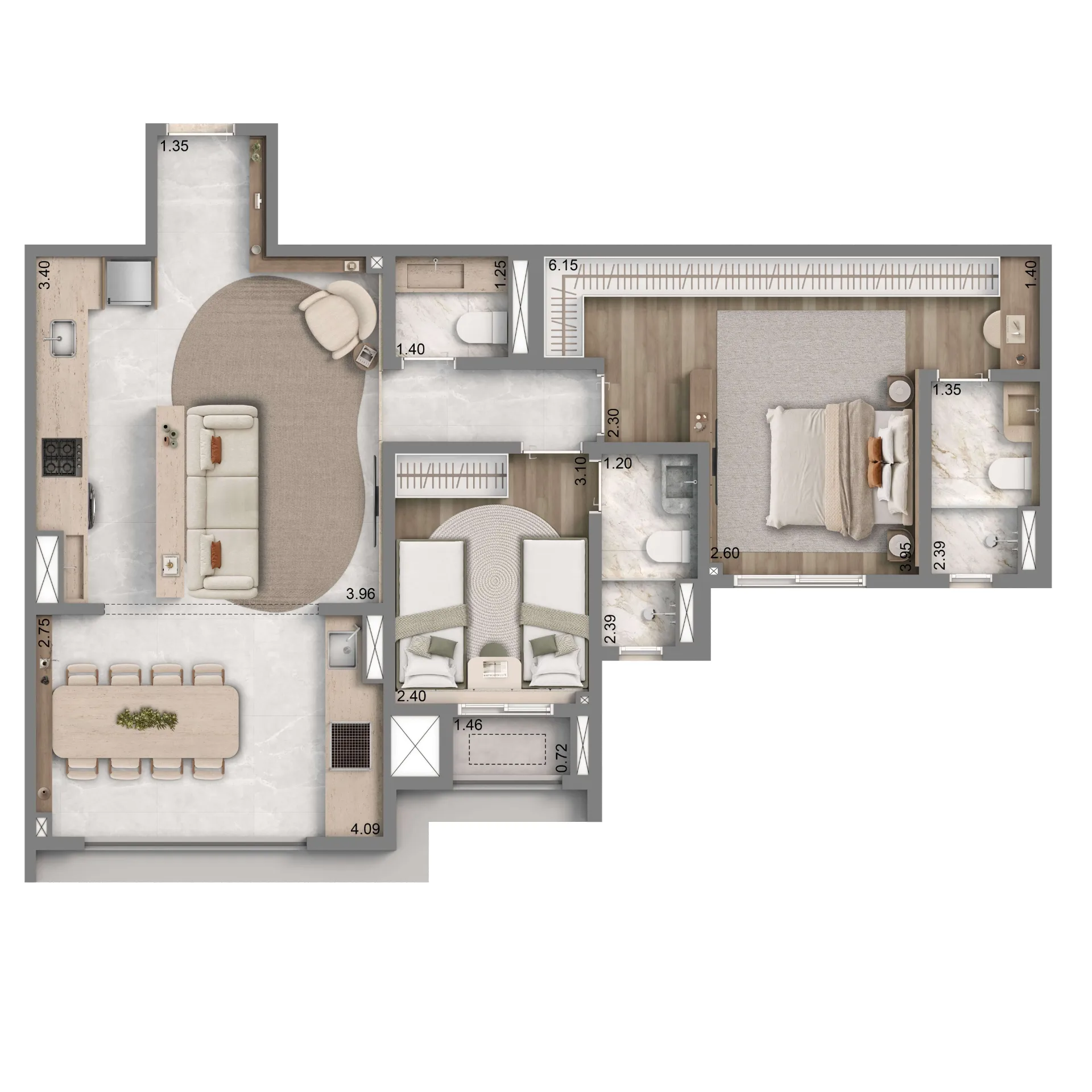 Well Home, planta padrão de 77 m² com 2 suítes, curadoria iApartamentos, Chácara Santo Antônio