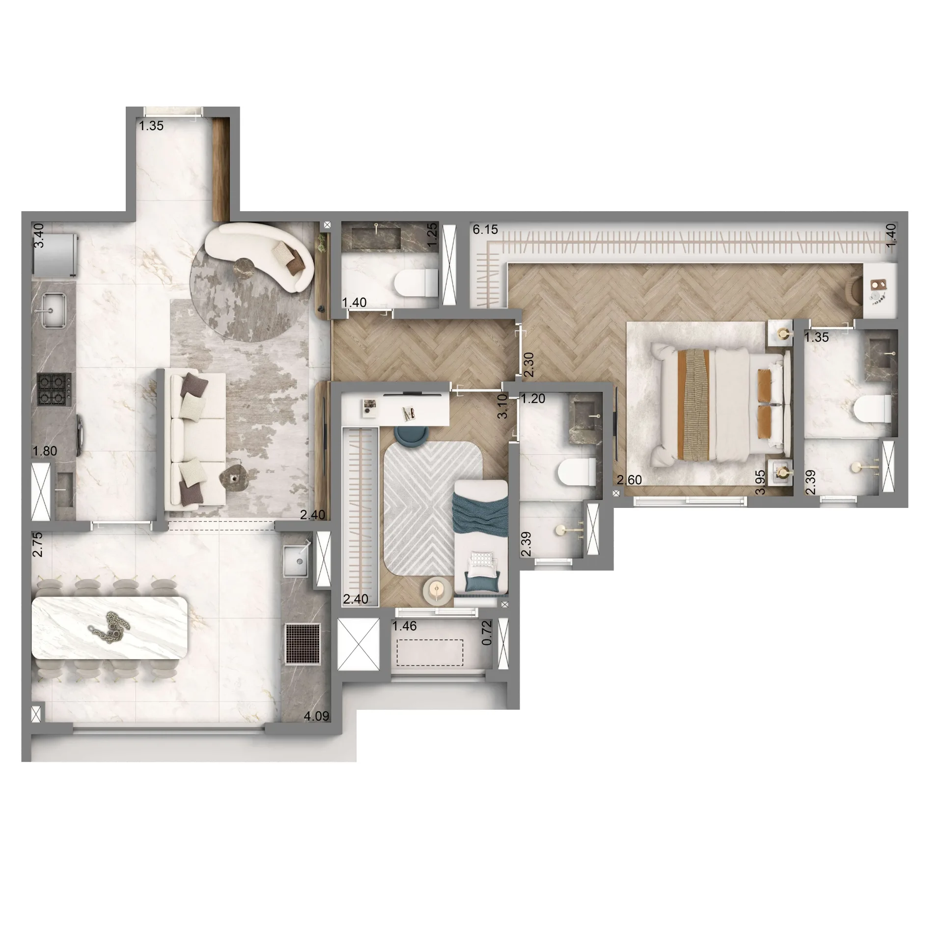 Well Home, planta opção de 77 m² com 2 suítes, curadoria iApartamentos, Chácara Santo Antônio