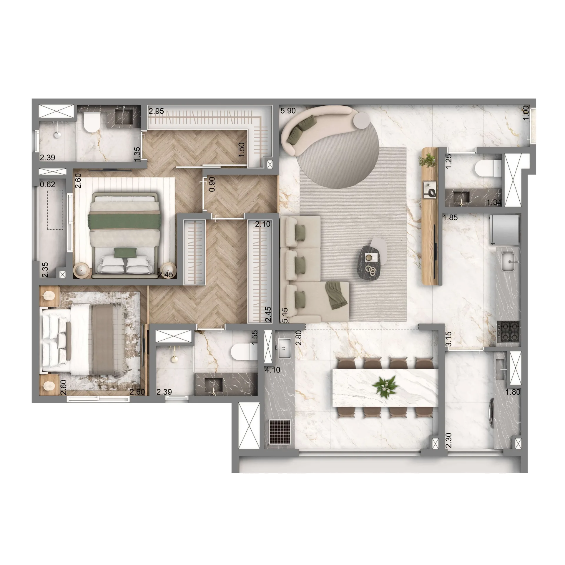 Well Home, planta de 88 m² com 2 suítes, finais 1B e 2B, curadoria iApartamentos, Chácara Santo Antônio
