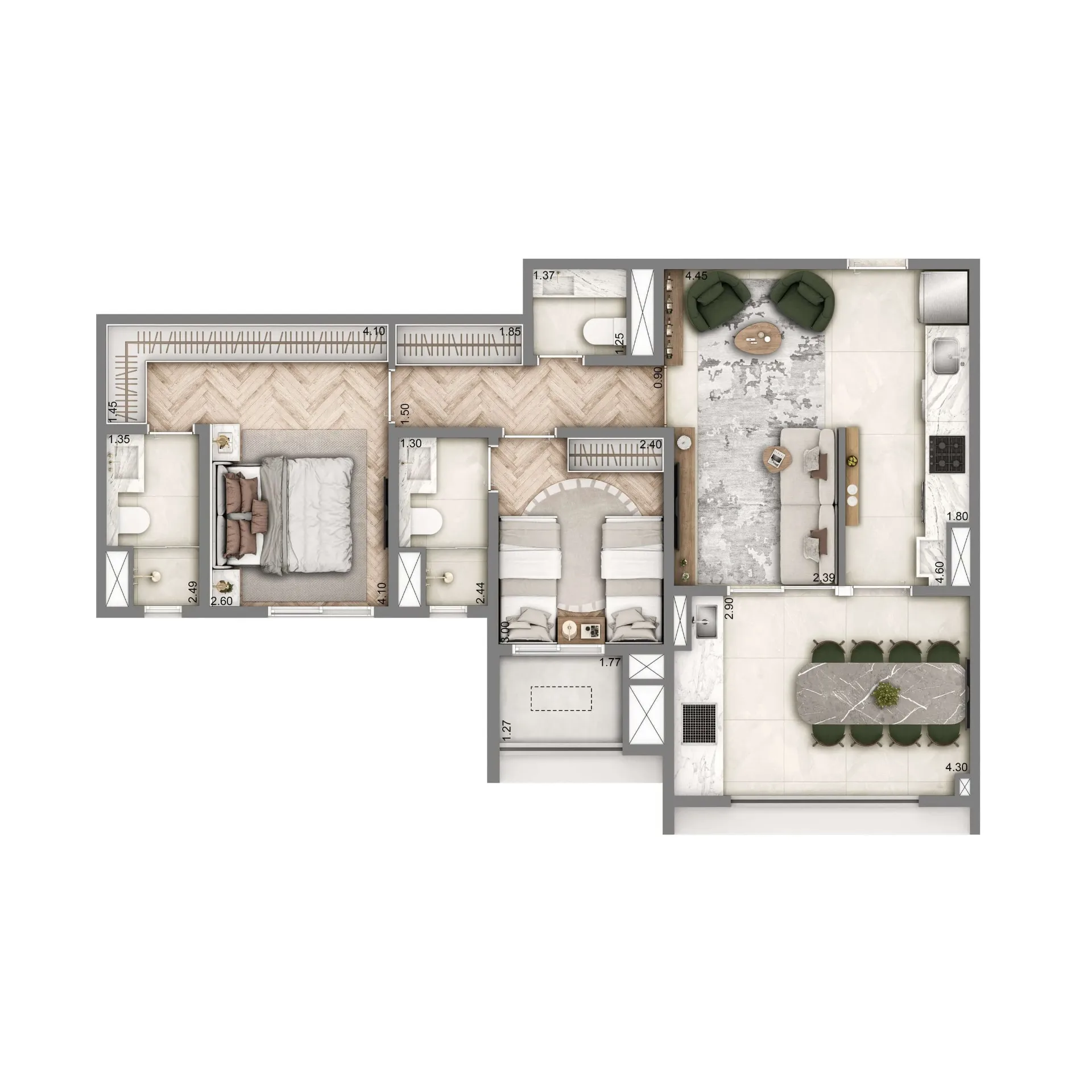 Wellness Chácara Santo Antônio, planta padrão de 76 m² com 2 suítes, curadoria iApartamentos, Chácara Santo Antônio