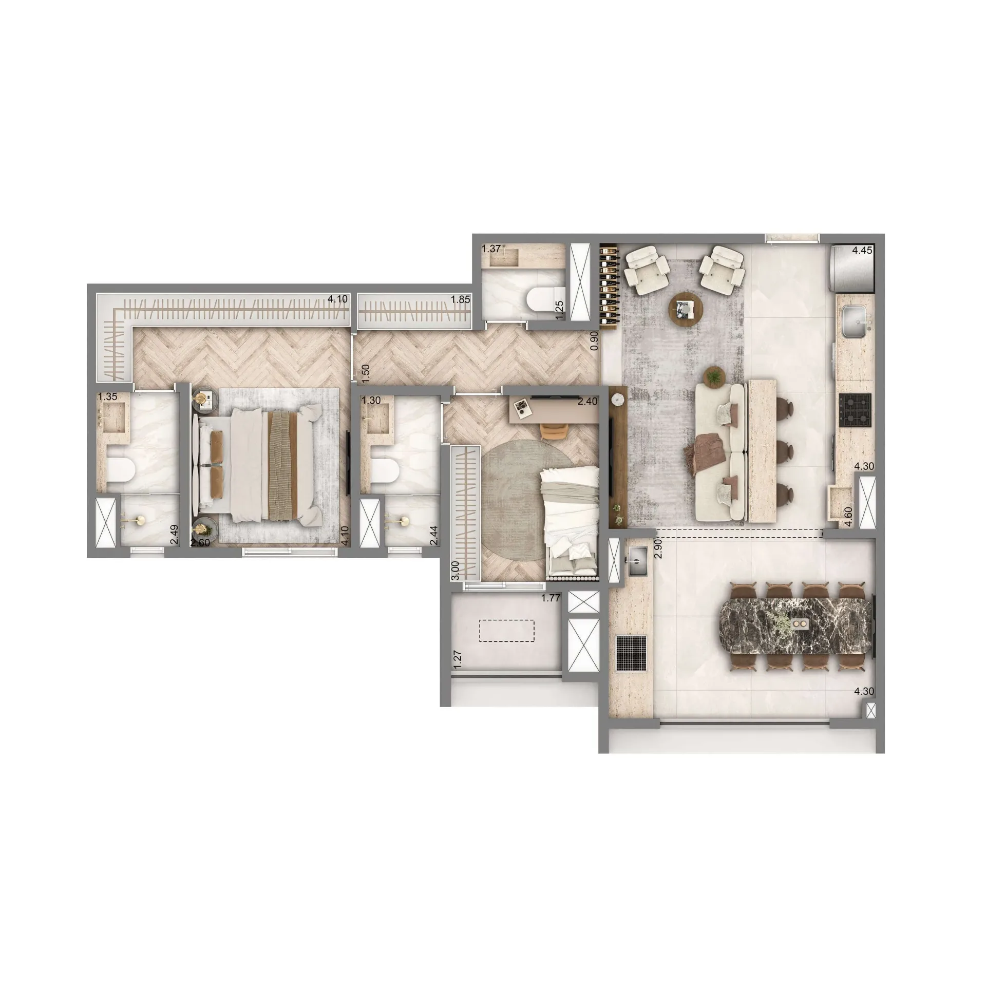Wellness Chácara Santo Antônio, planta opção de 76 m² com 2 suítes, curadoria iApartamentos, Chácara Santo Antônio